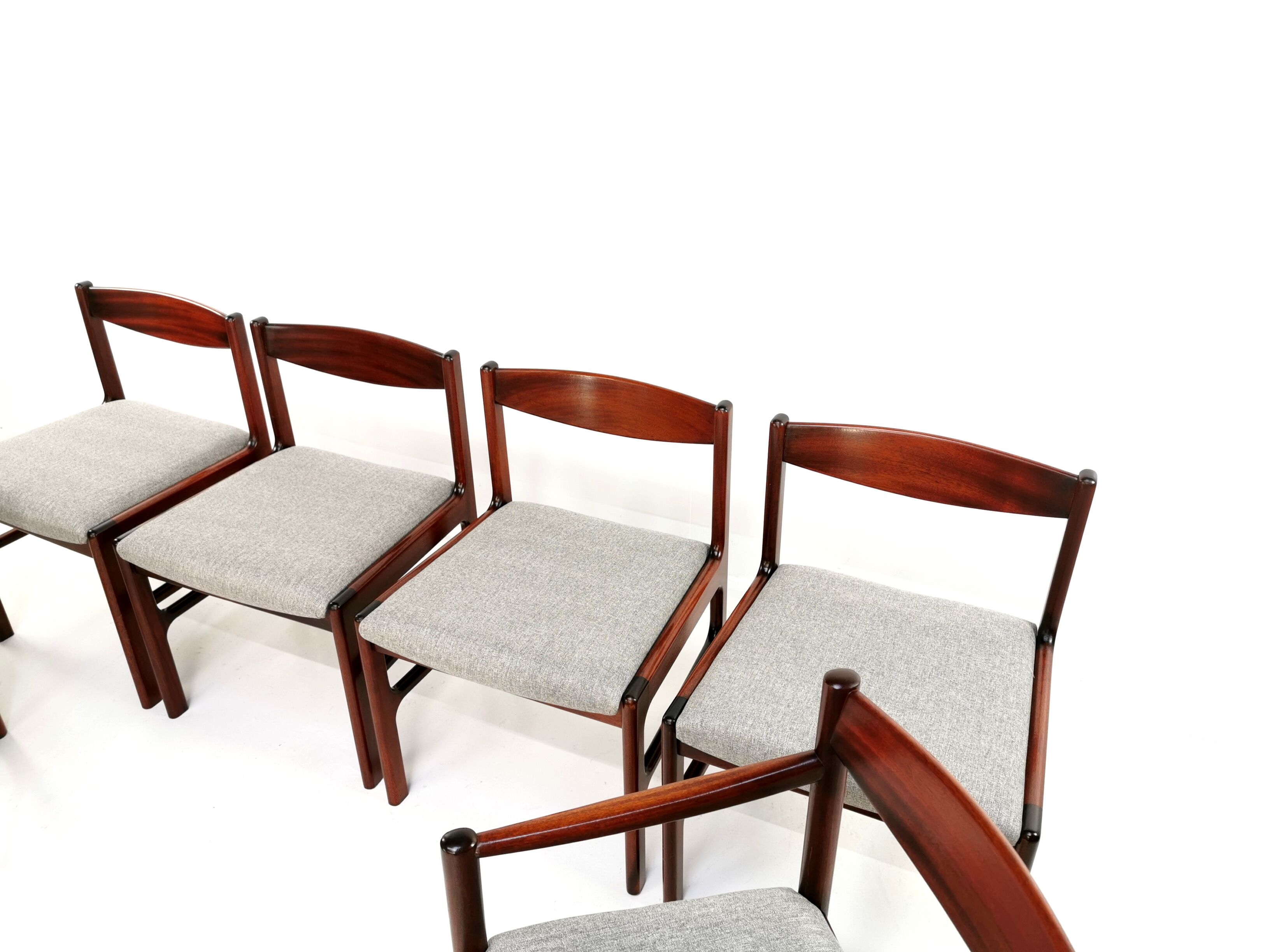 Set of 6 newly upholstered Mcintosh grey herringbone rosewood dining chairs