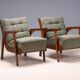 Pair of vintage mid-century lounge armchairs with wooden frames and green upholstery, 68 × 78 × 84 cm