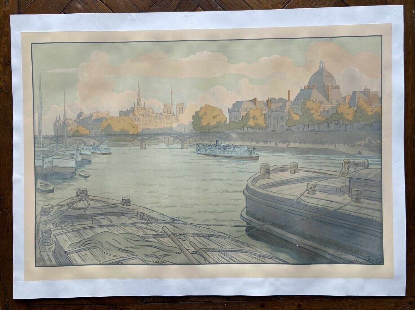 Lithograph Henri Riviere, l'institut et la cite serie paysages parisiens