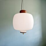 Pendant lamp in teak and white opaline, design Goffredo Reggiani, 1960