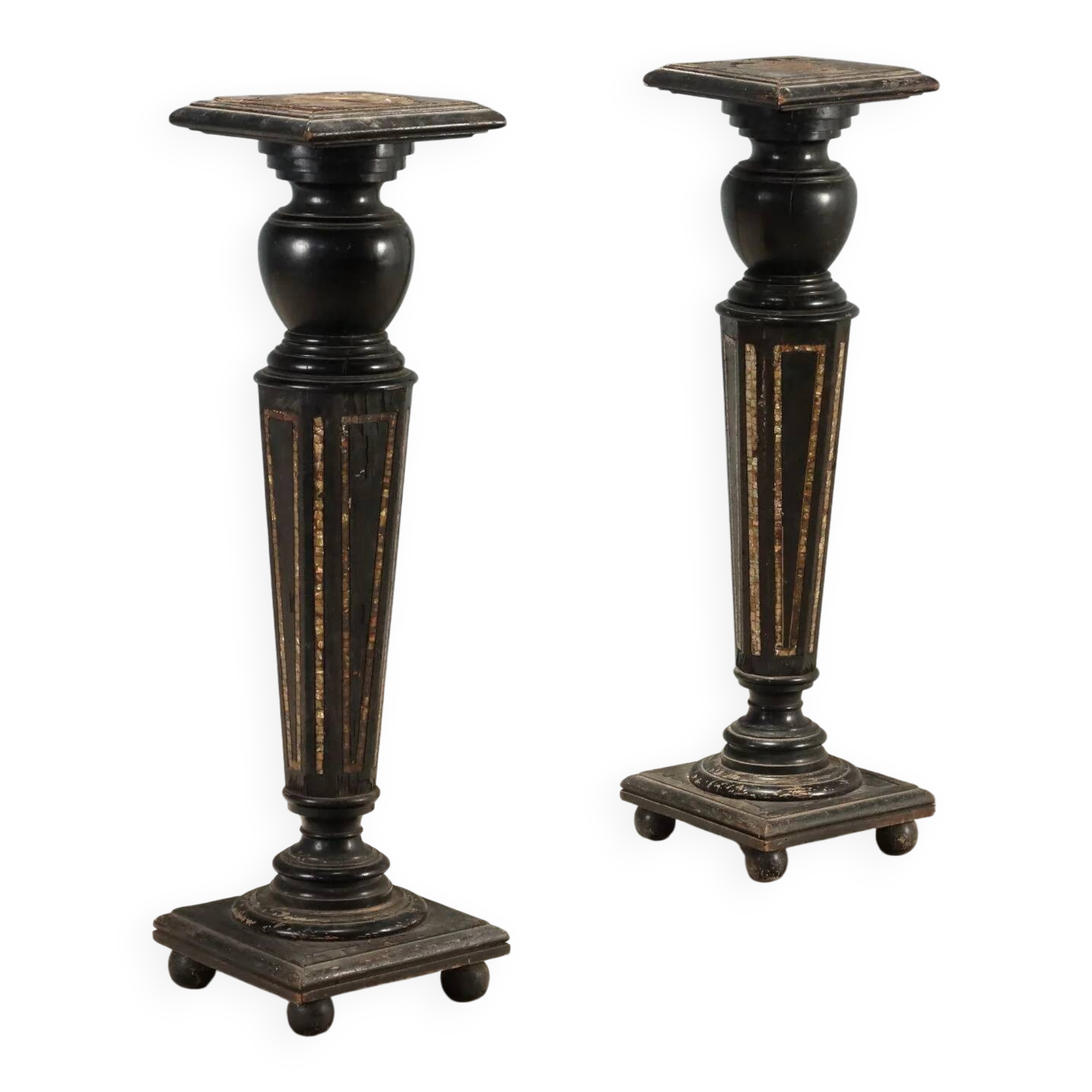 Antique ebonised wood and mother-of-pearl columns, 19th century