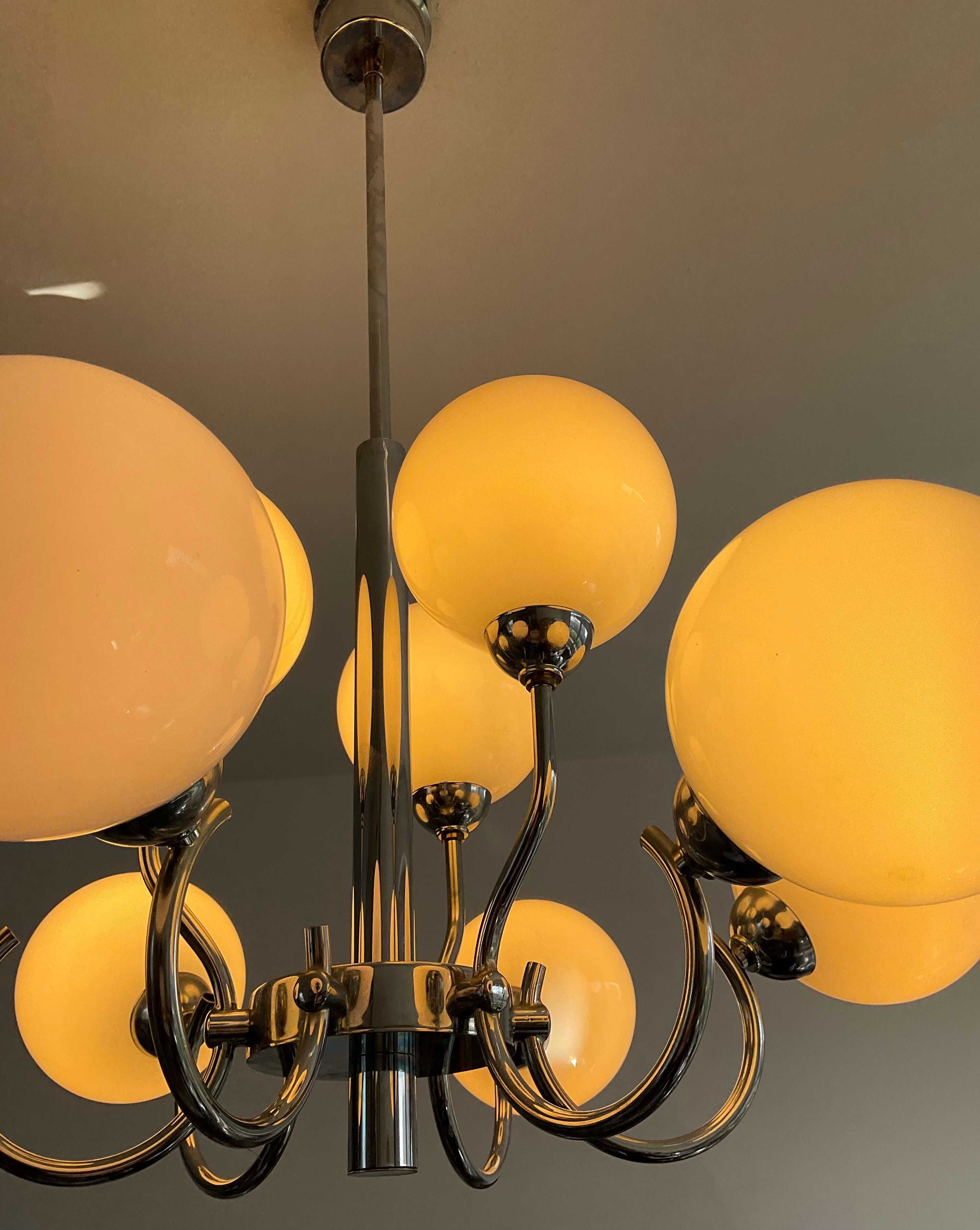 Space age chandelier in opaline and chrome metal