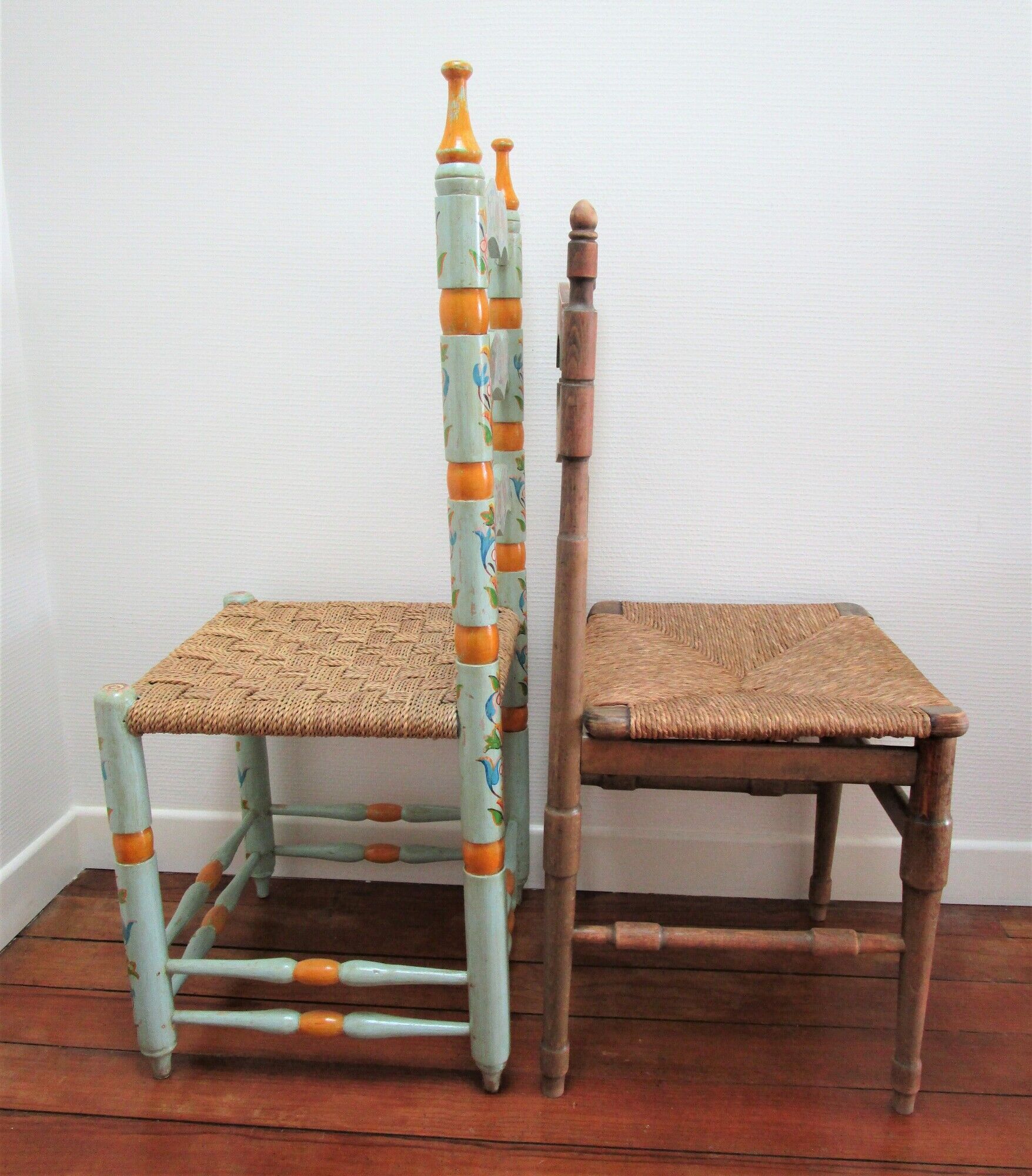Two chairs patinated polka dots and painted wood folk art seat vintage straw