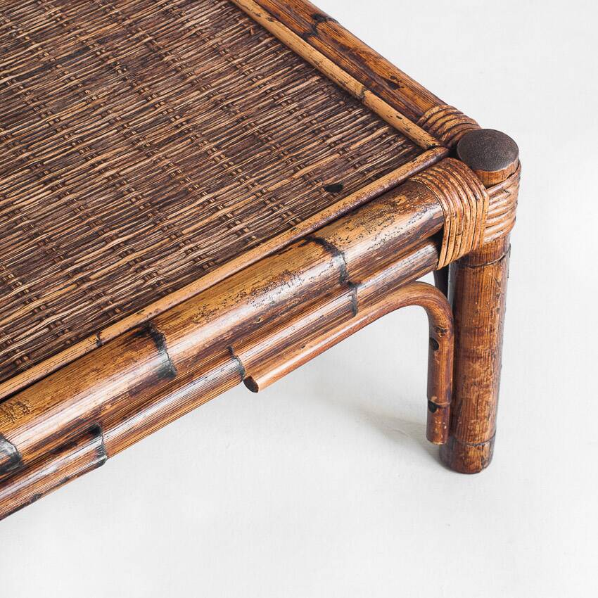 Vintage rattan and cane coffee table. France, 1970s
