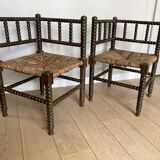 Turned wood corner armchairs