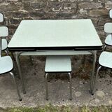 JPP pale green formica table, 4 chairs, 1 stool, 1950s