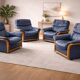 Ekornes Stressless —4 of Adjustable Swivel Armchairs — Blue Leather & Beech