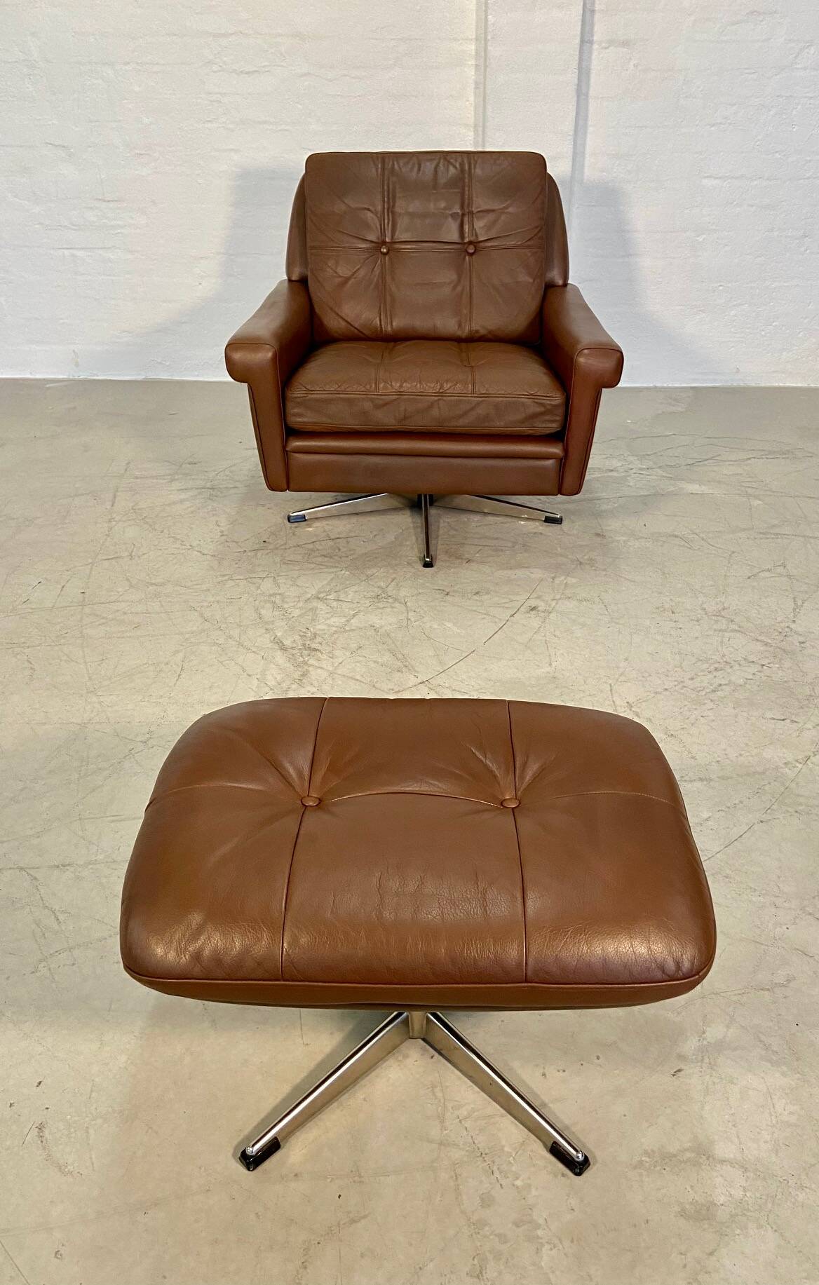 Vintage danish retro mid-century svend skipper brown leather chair & stool 60s
