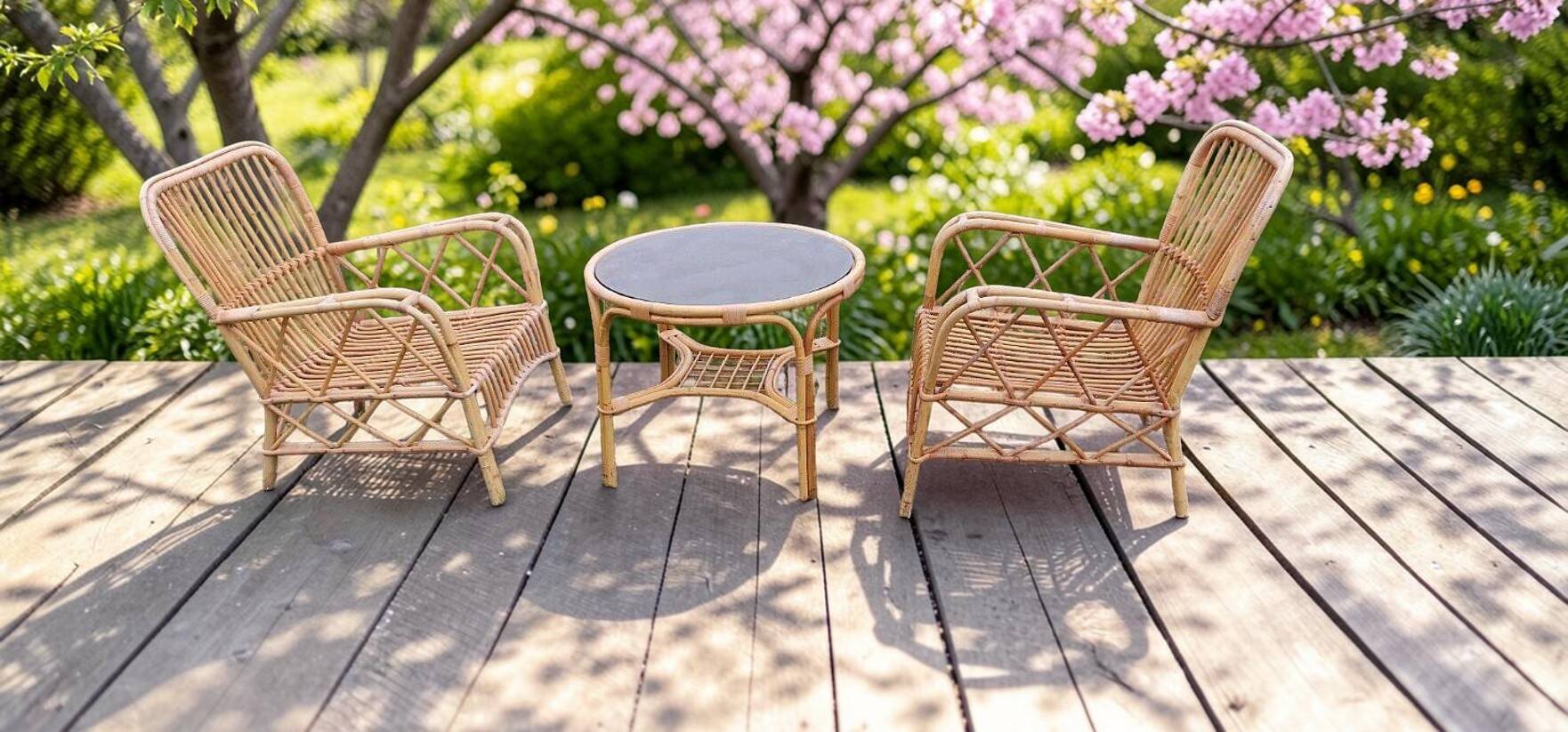 Vintage rattan garden furniture with cushions.
