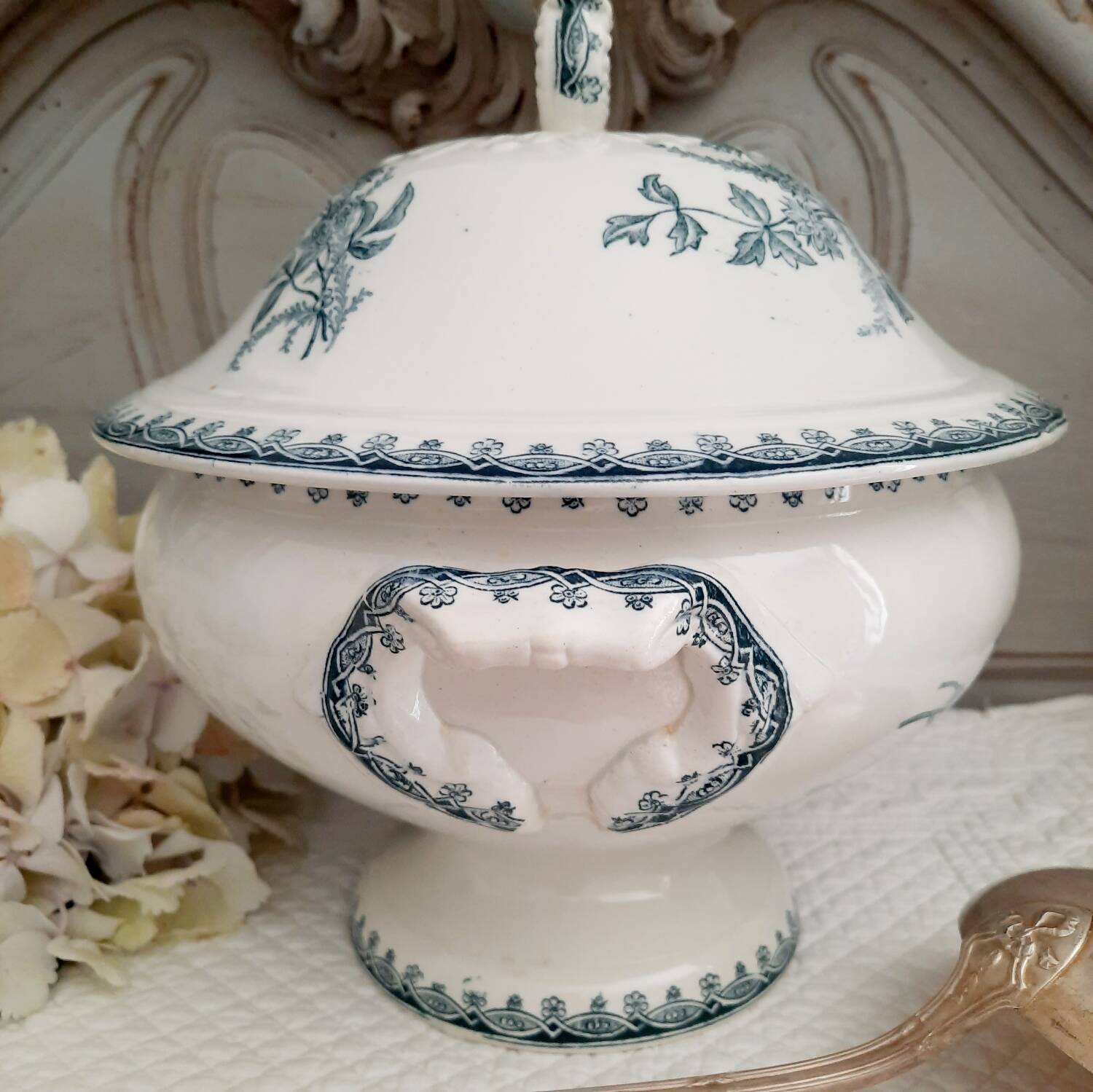Old mismatched hollow plates in iron earth earthenware accompanied by a soup tureen