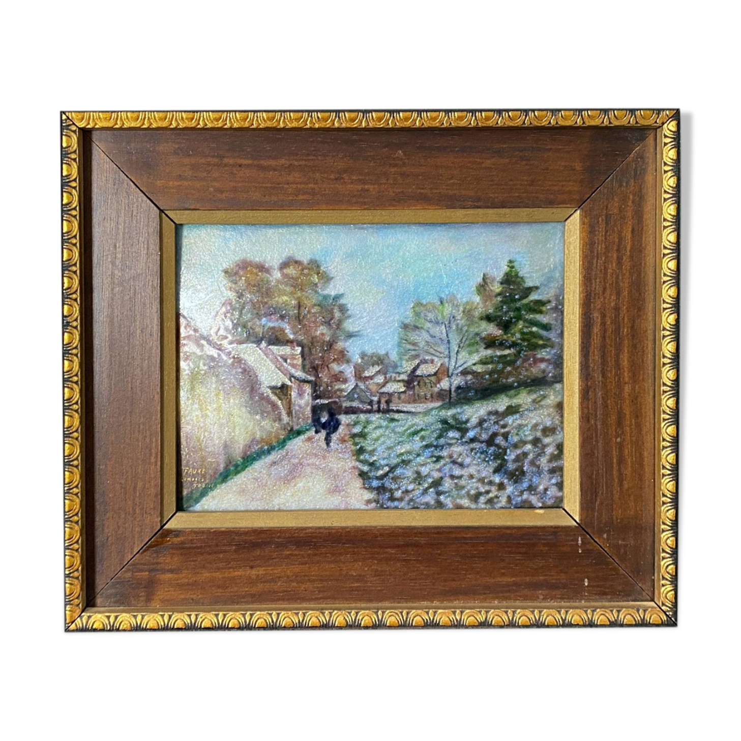 Camille Fauré Limoges painting "Village in winter" enamel painting