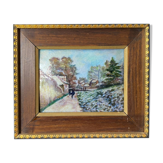 Tableau Camille Fauré Limoges "Village en hiver" peinture émail