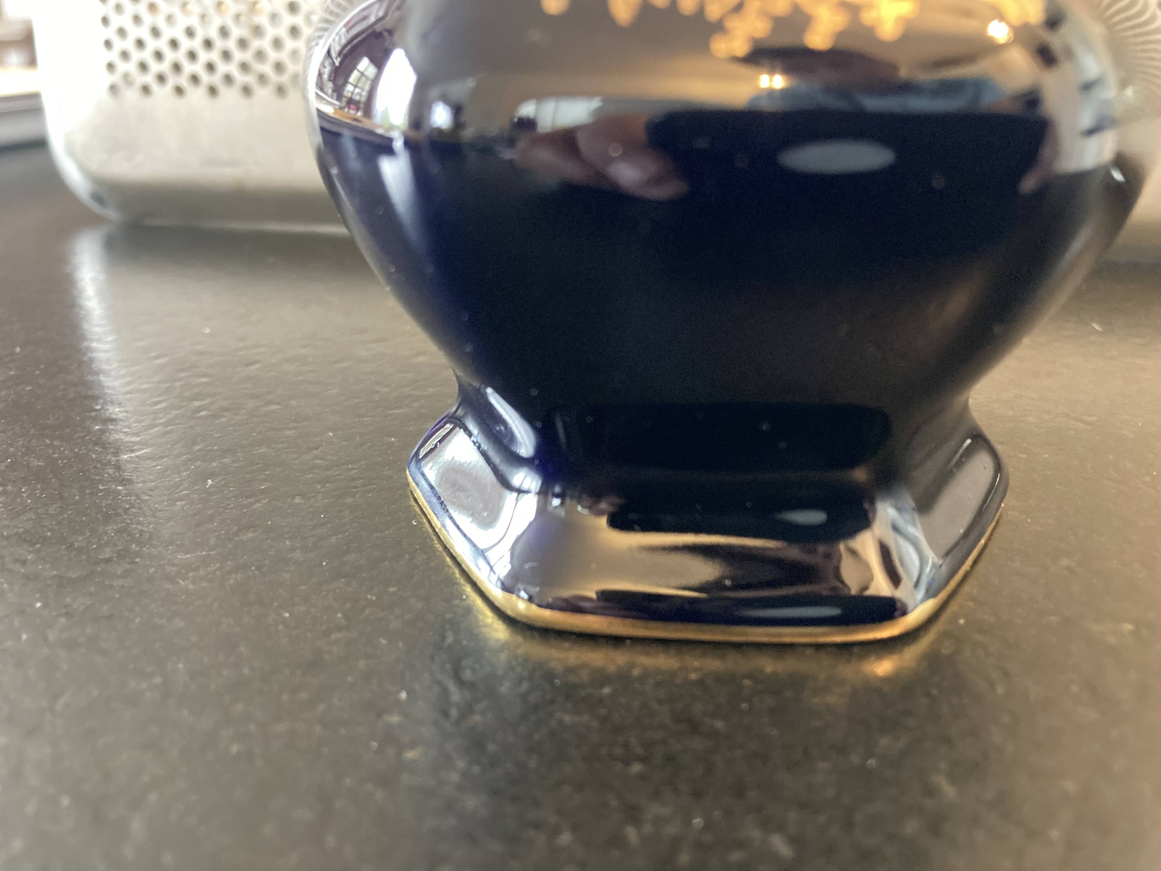 Limoges Castel France cobalt blue hexagonal porcelain vase with 22K GOLD courtesy scene