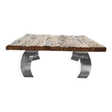 Old teak table with 4 curved steel legs and polished chrome