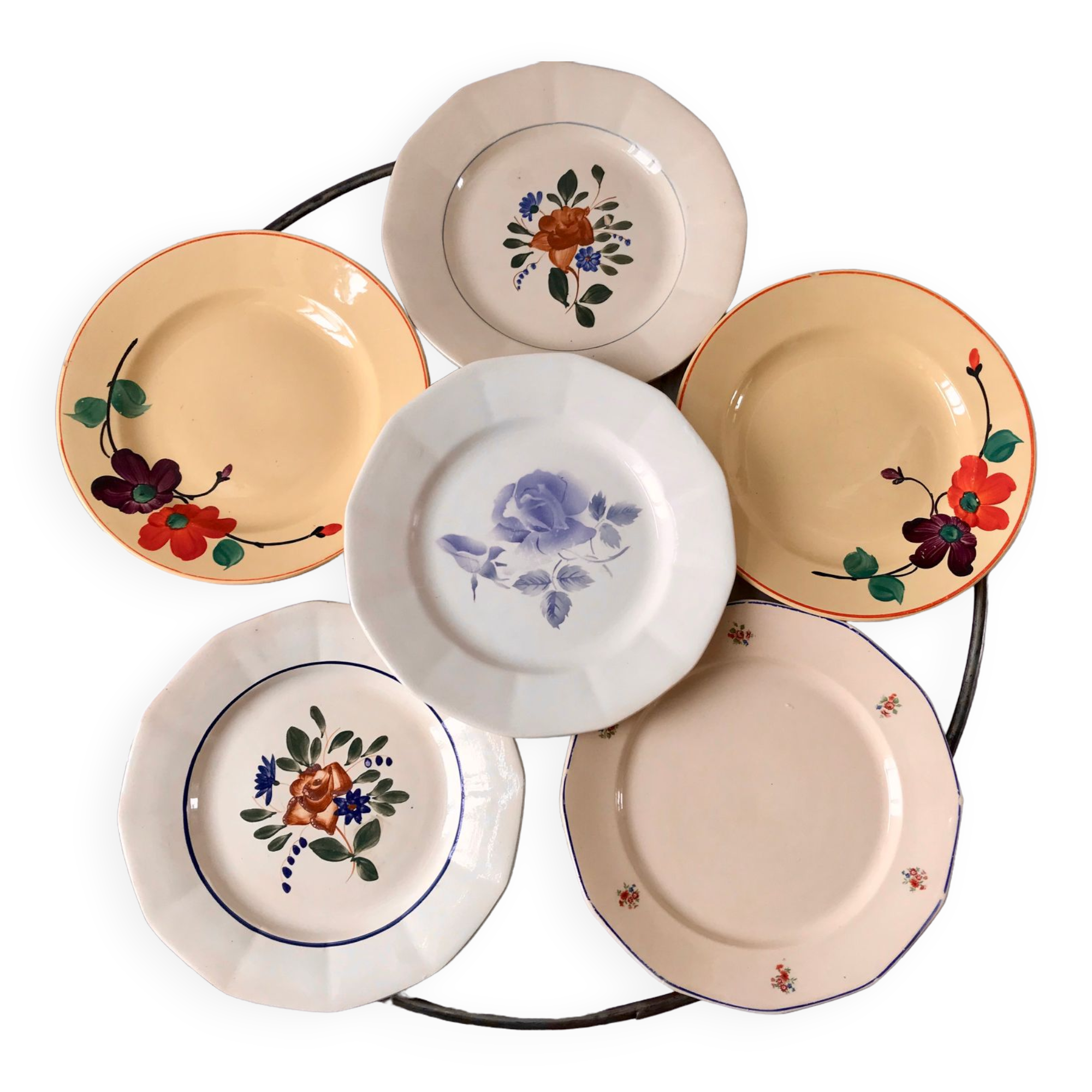 Lot de 6 assiettes plates dépareillées digoin sarreguemines modèle "ginette" & autre années 40-50