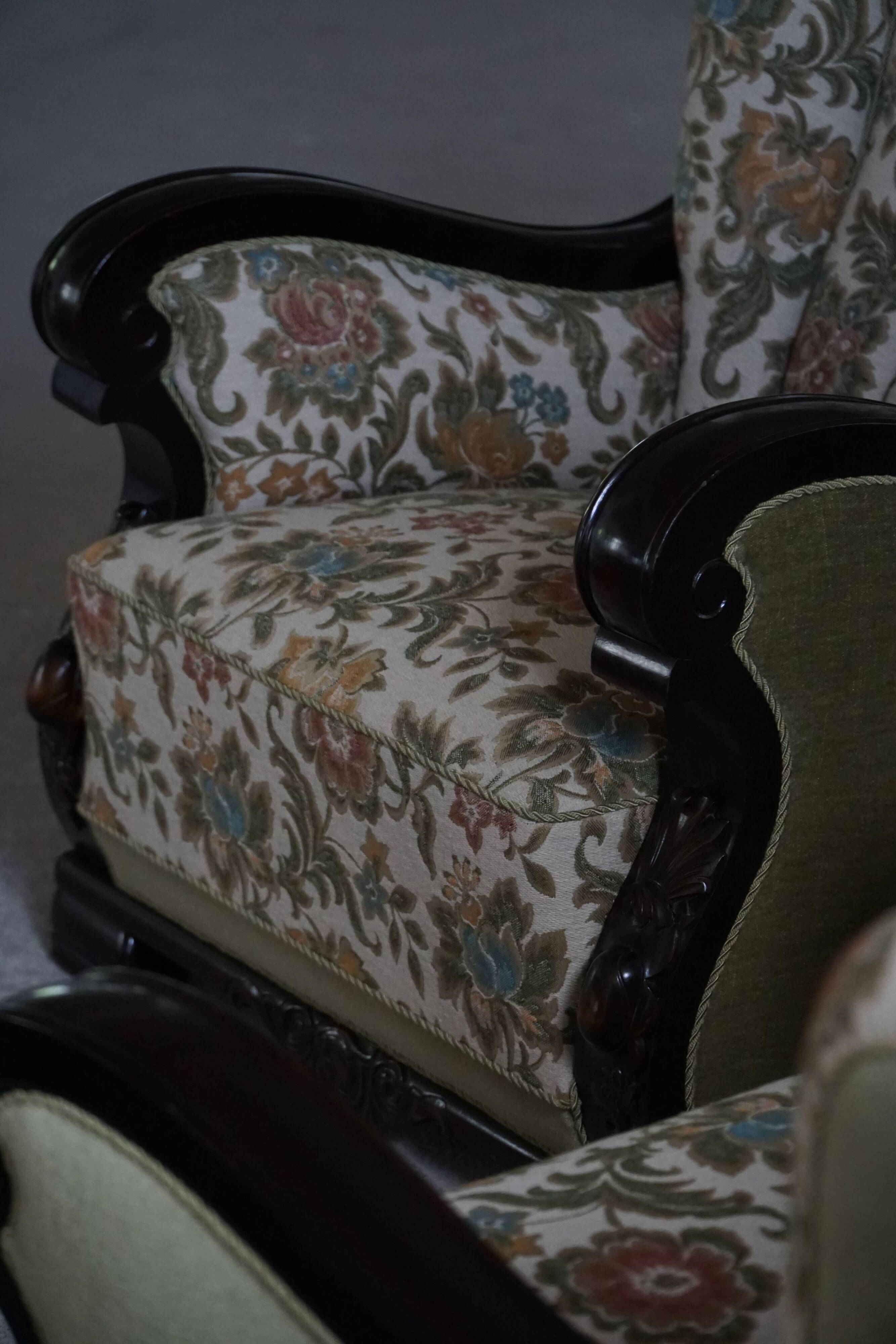 Pair of Danish Art Nouveau armchairs in embroidered floral velvet, 1920s.