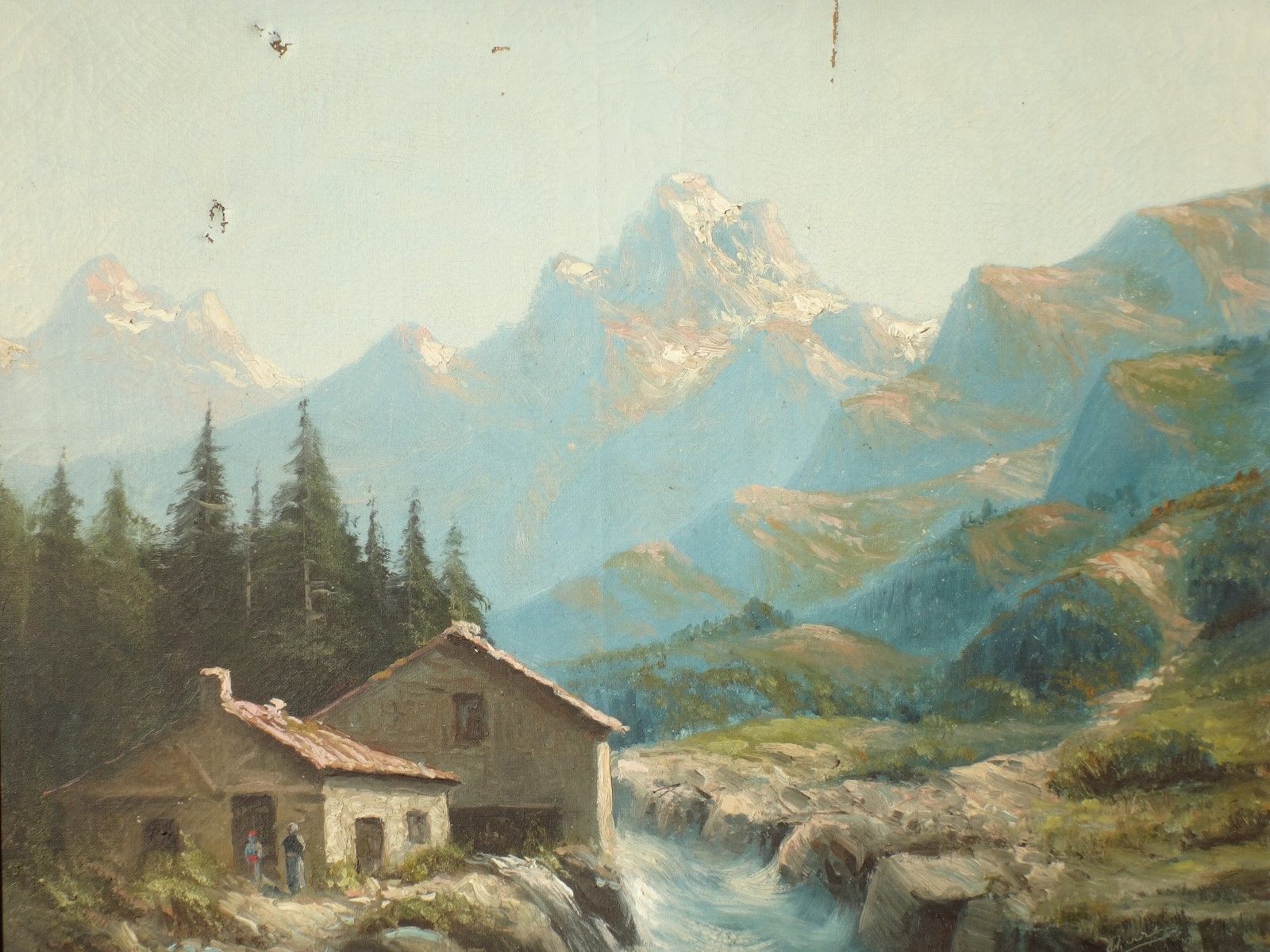 Painting mountains snowy landscape frame gilded wood signed 72x62cm