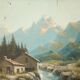 Painting mountains snowy landscape frame gilded wood signed 72x62cm