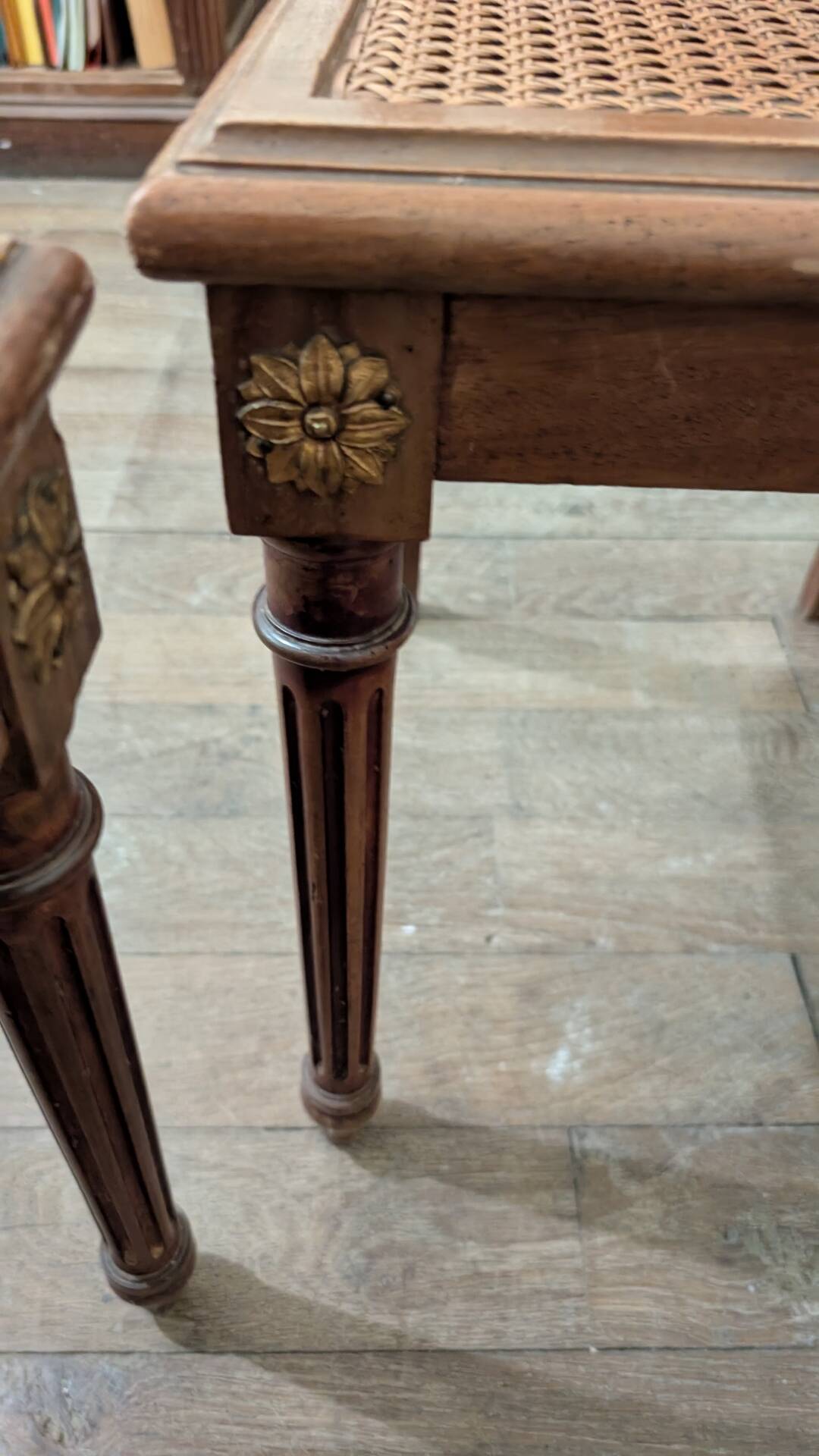 Set of 6 Louis XVI chairs in marquetry wood and caning.