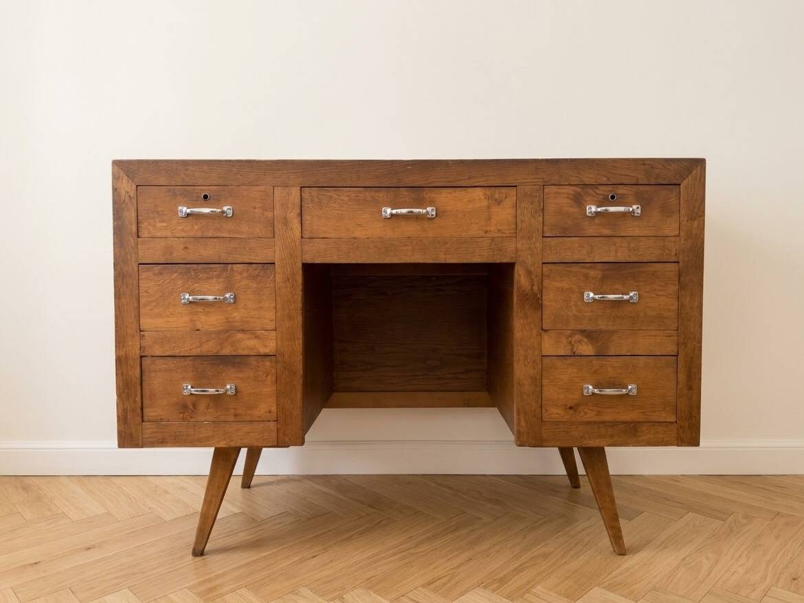 Vintage Scandinavian desk in waxed wood with 7 drawers.