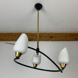 Arlus house chandelier 3 burners, opalines and brass, 50s