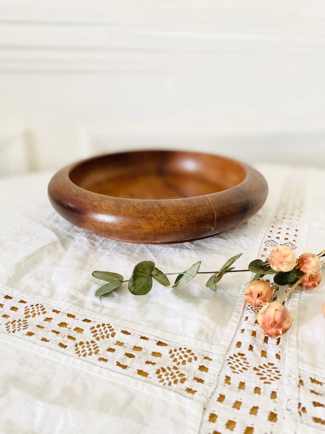 Empty round hollow flat bowl pocket in teak wood