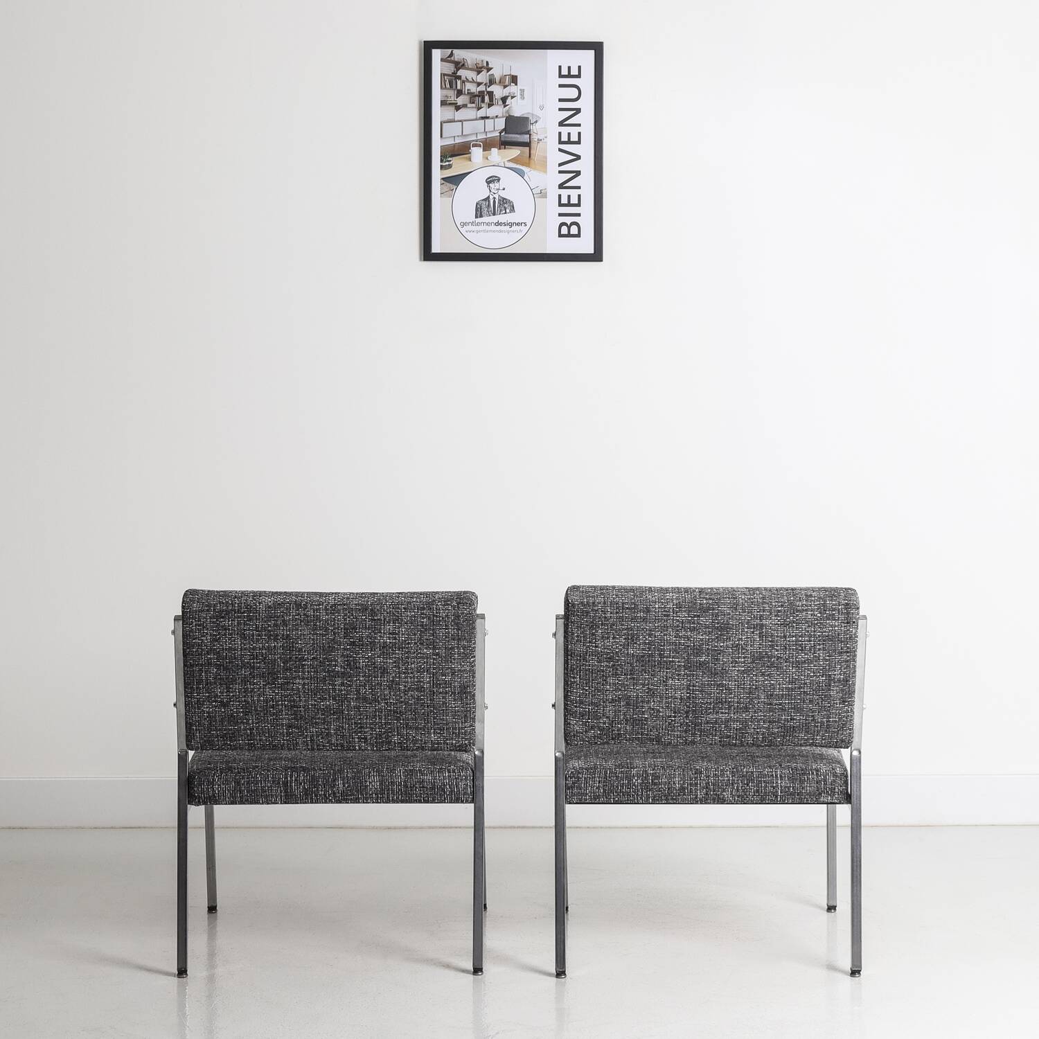 Pair of vintage armchairs in metal and gray fabric, renovated