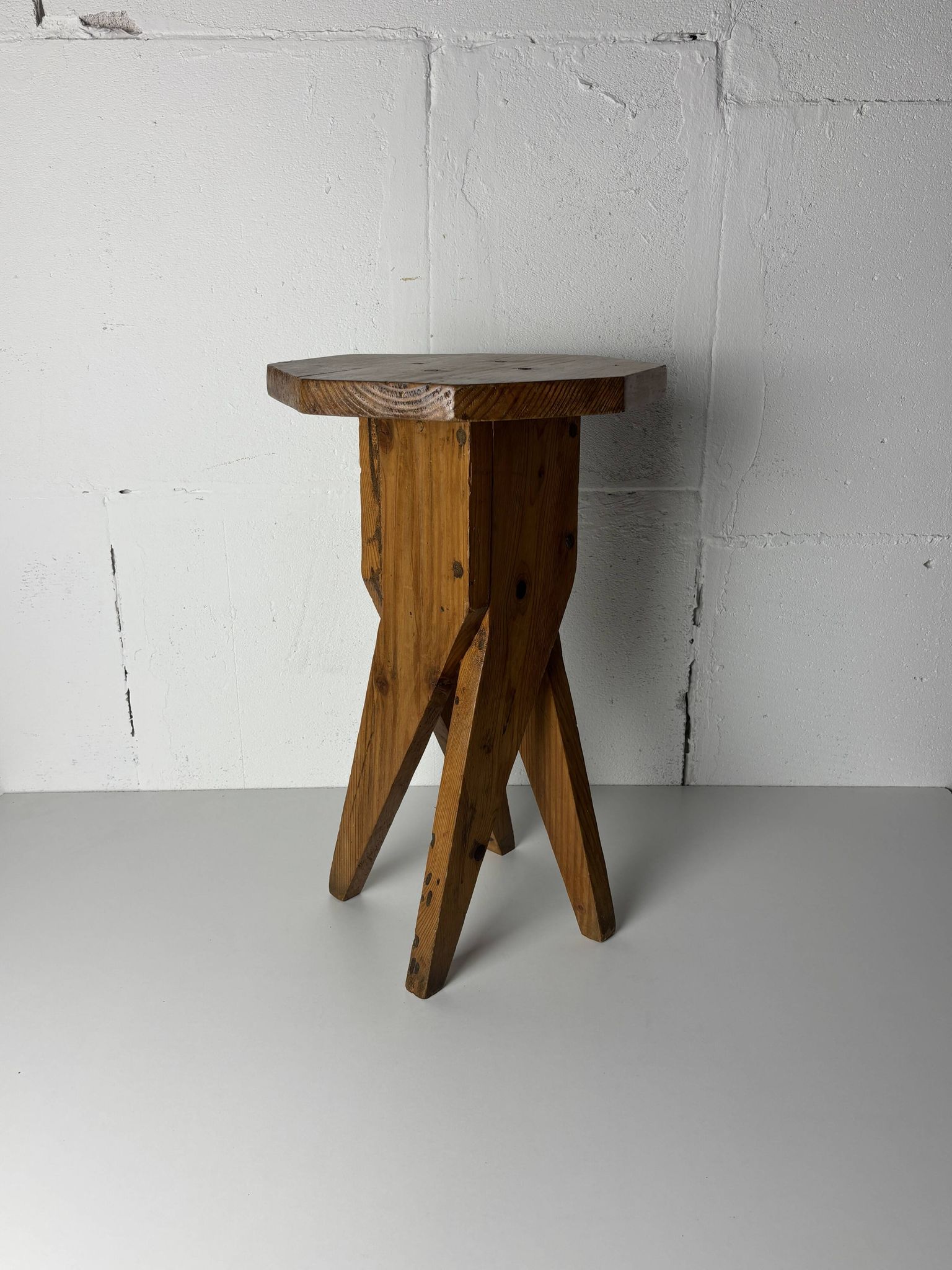 Midcentury brutalist artisanal rustic handcrafted stool, France 1960s