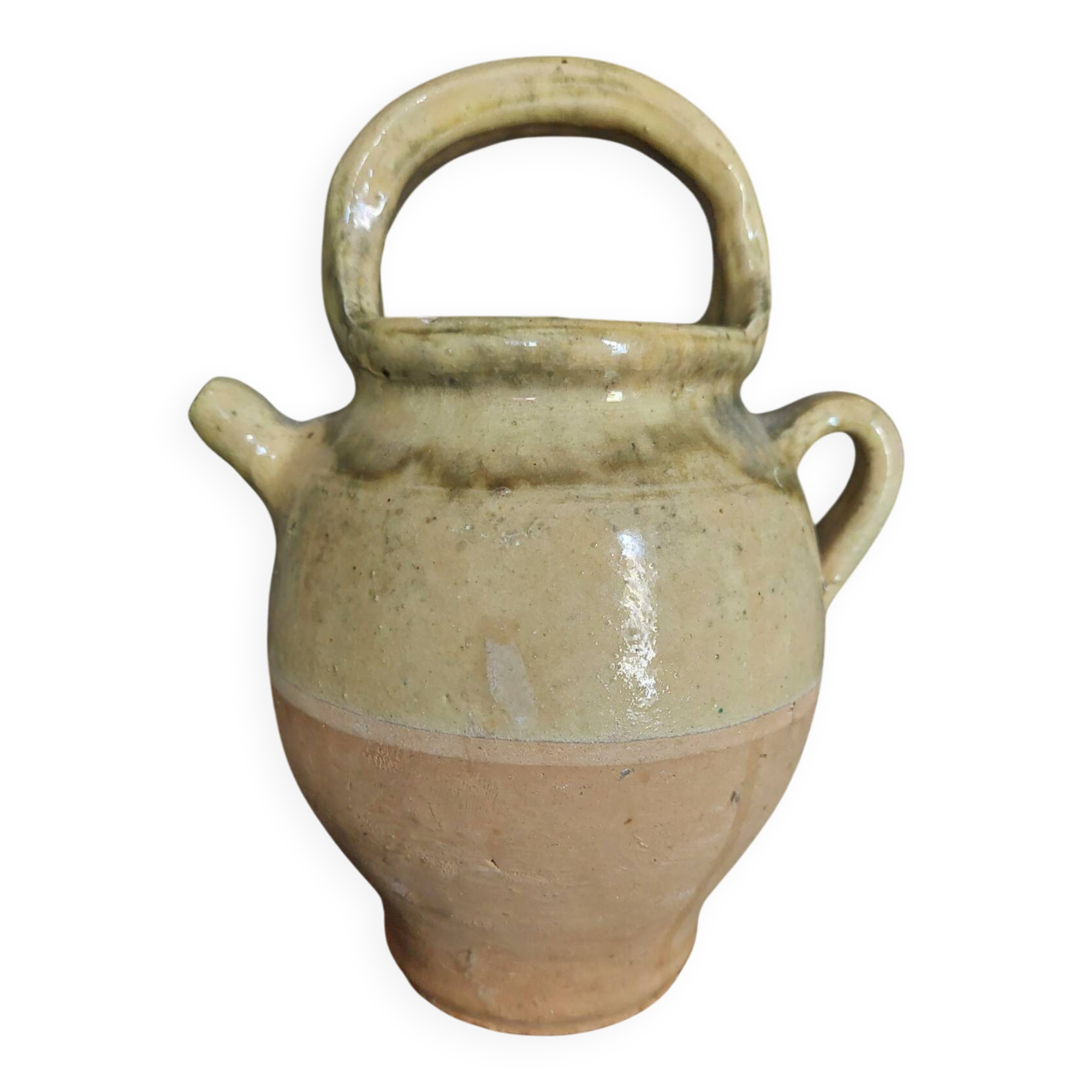Yellow glazed terracotta gargoulette carafe with lid, early 20th century.