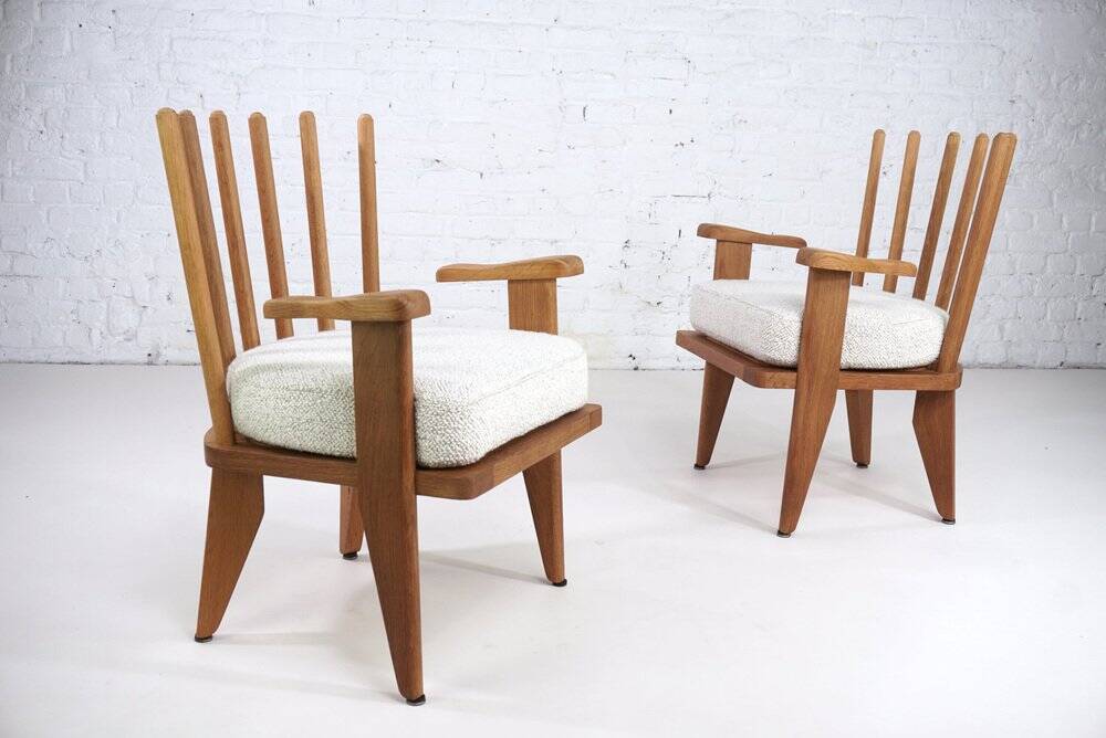 Oak and Fabric Dining Chairs Attributed to Guillerme&Chambron