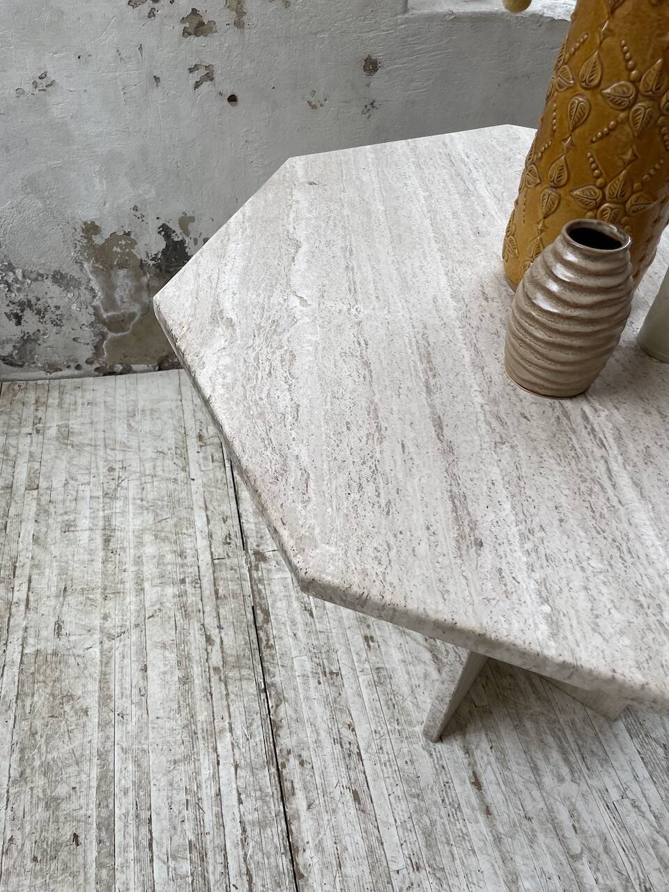 Octagonal travertine coffee table