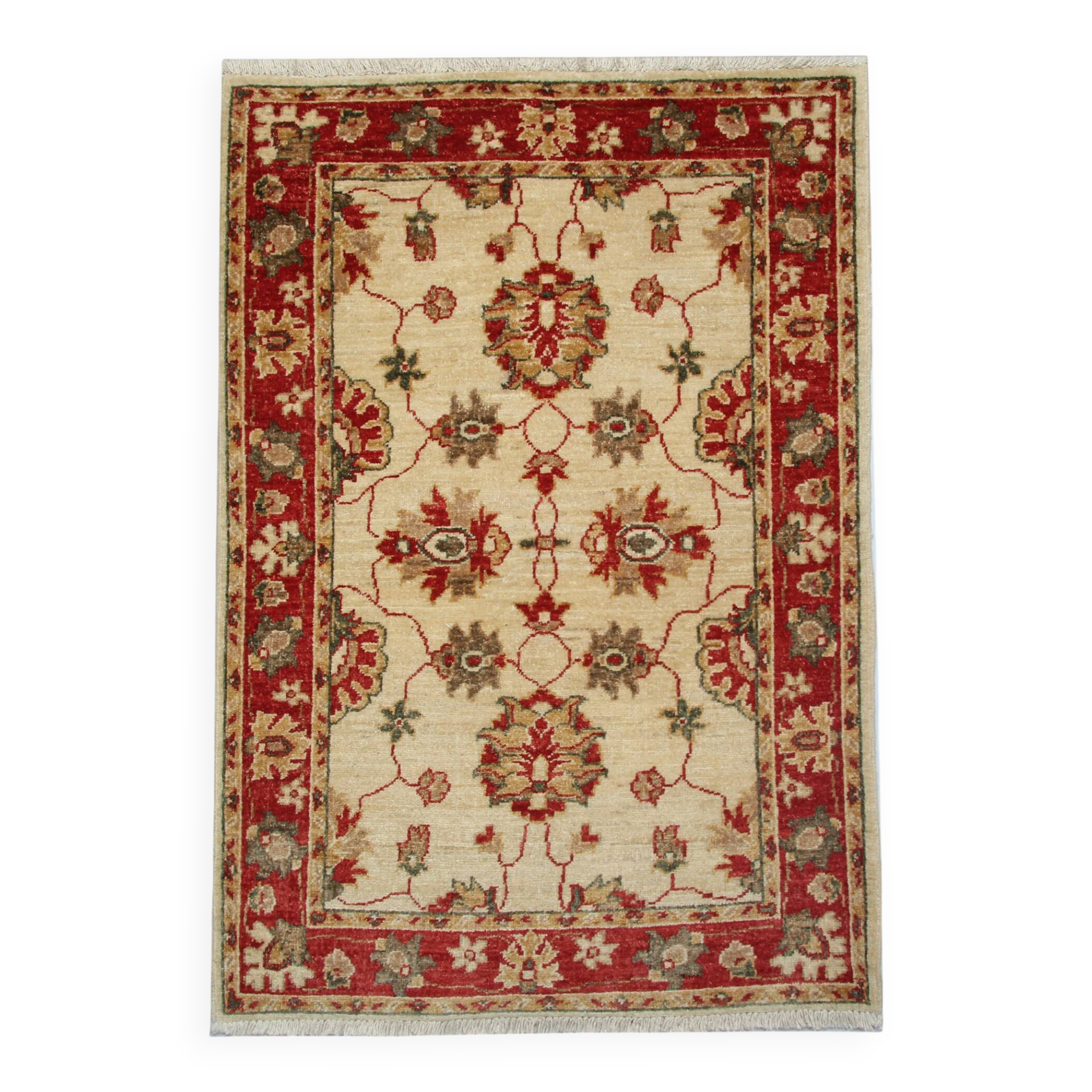 Traditional Cream Wool Rug, Small Red Floral Oriental Carpet 86x123 cm