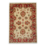 Traditional Cream Wool Rug, Small Red Floral Oriental Carpet 86x123 cm