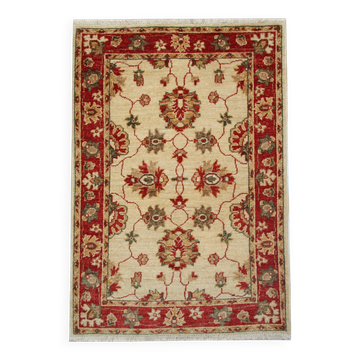 Traditional Cream Wool Rug, Small Red Floral Oriental Carpet 86x123 cm