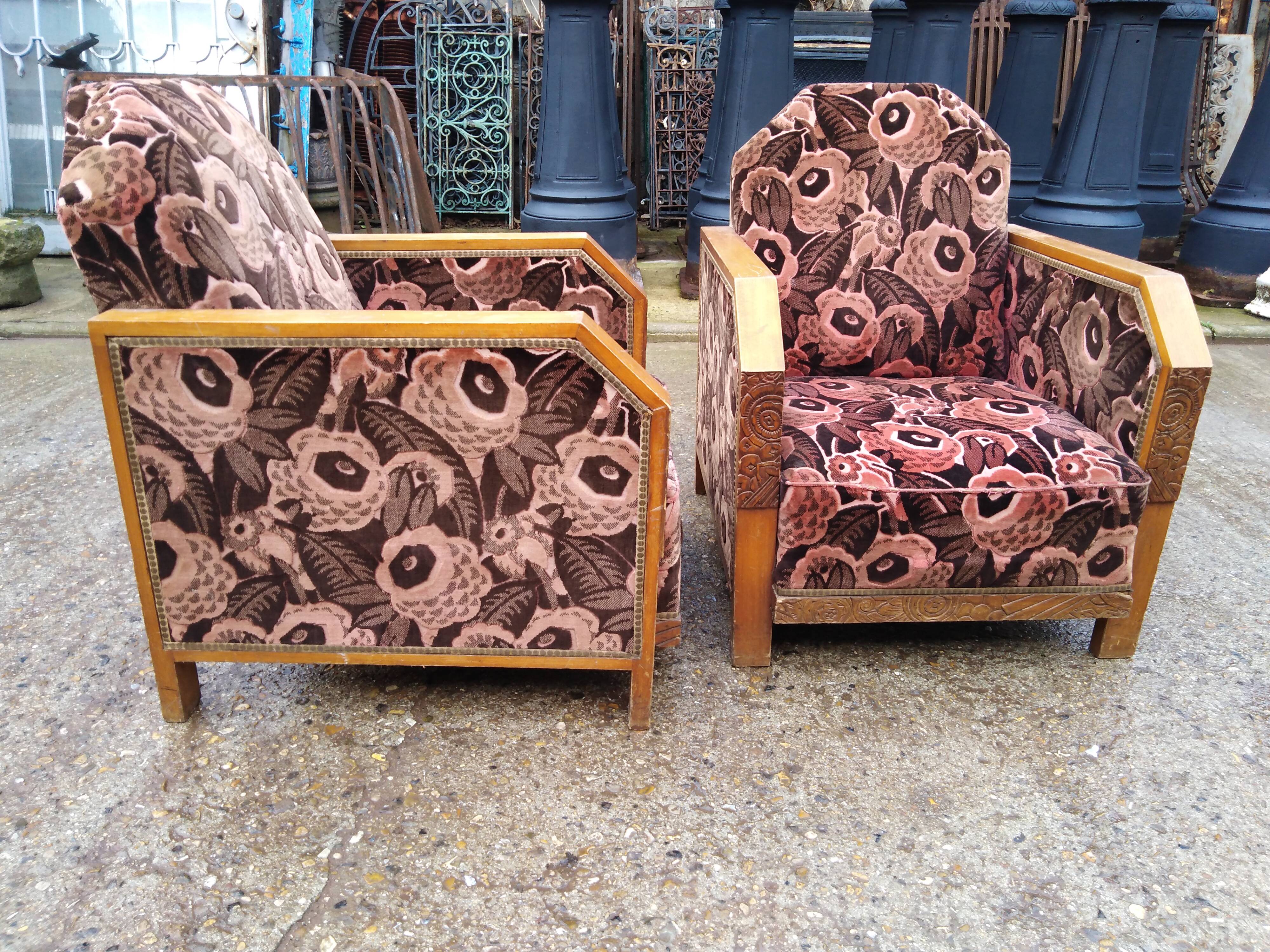 Pair club art deco armchair, carved wood structure, period 1930/50