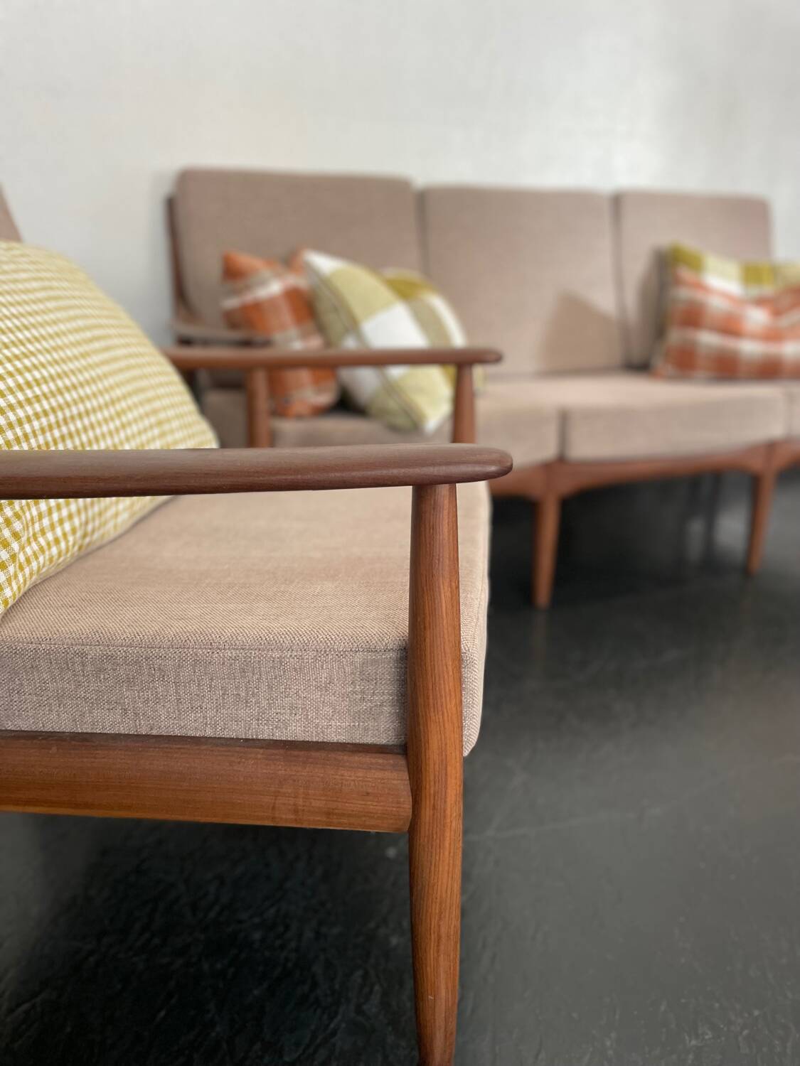 Vintage Scandinavian teak lounge — 3-seater sofa and two armchairs.