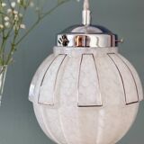 Vintage art deco globe pendant light in white and silver Clichy glass