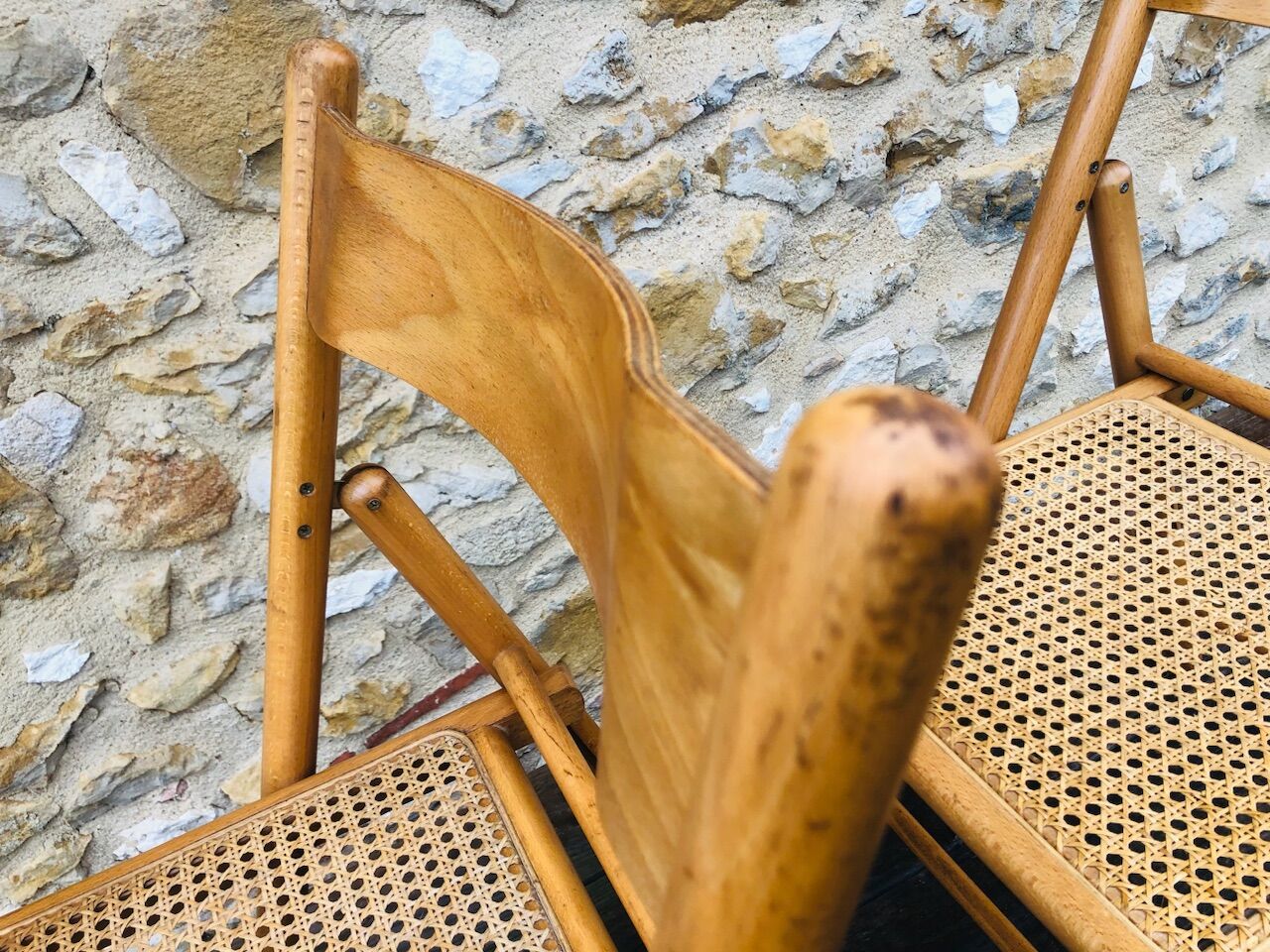Set of 2 vintage folding chairs, rattan cane for Habitat, circa 70/80