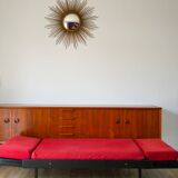Day Bed sofa in skai, red mottled fabric and black metal 1950