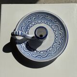 Petit bougeoir à main fait main blanc à motif de frise géométrique bleue H7