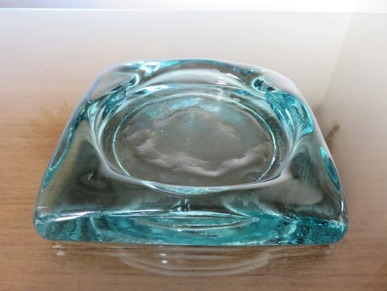 Saint Gobain ashtray in sky blue transparent glass 70s