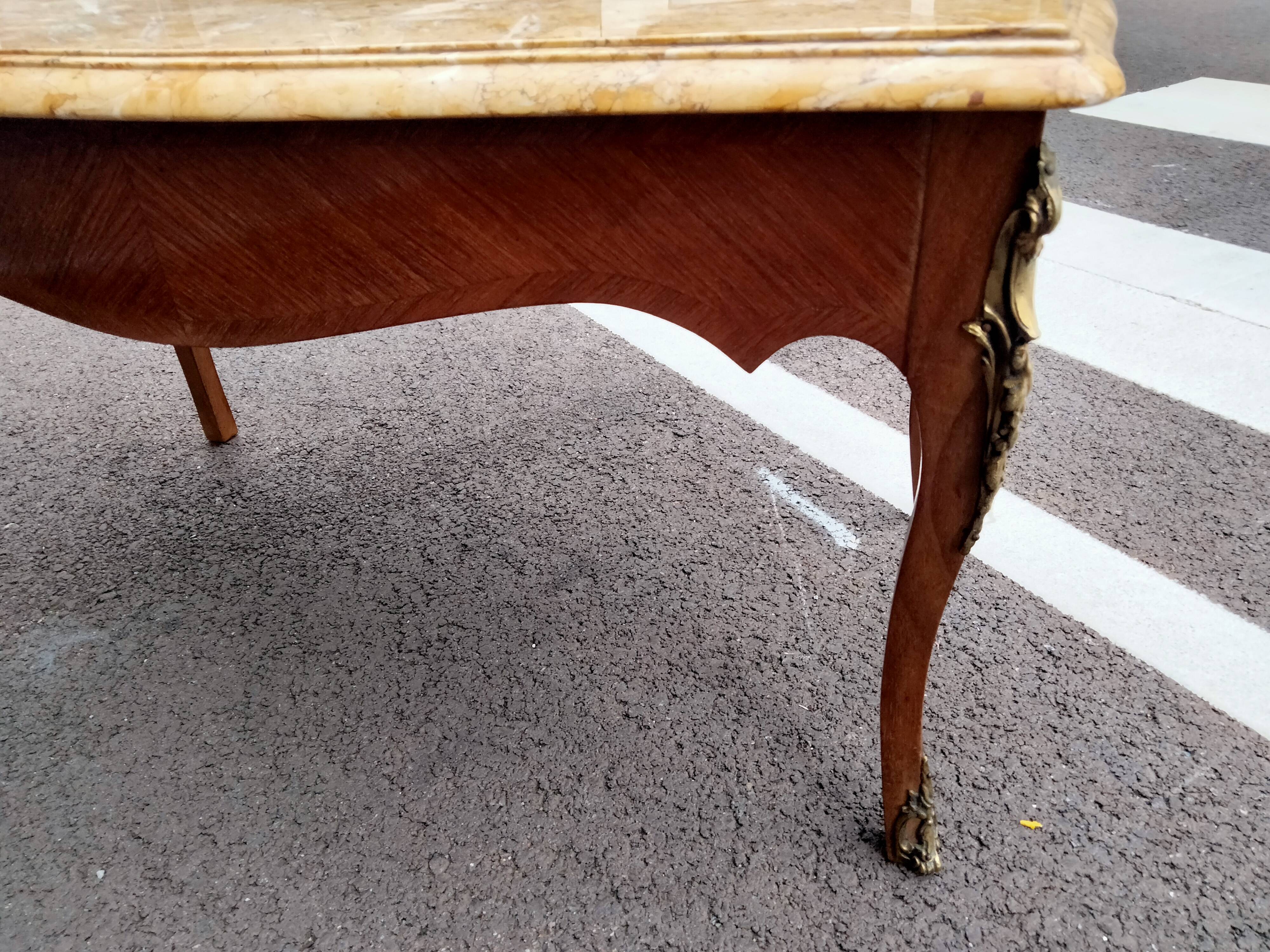 Old coffee table marquetry style louis xv marble top