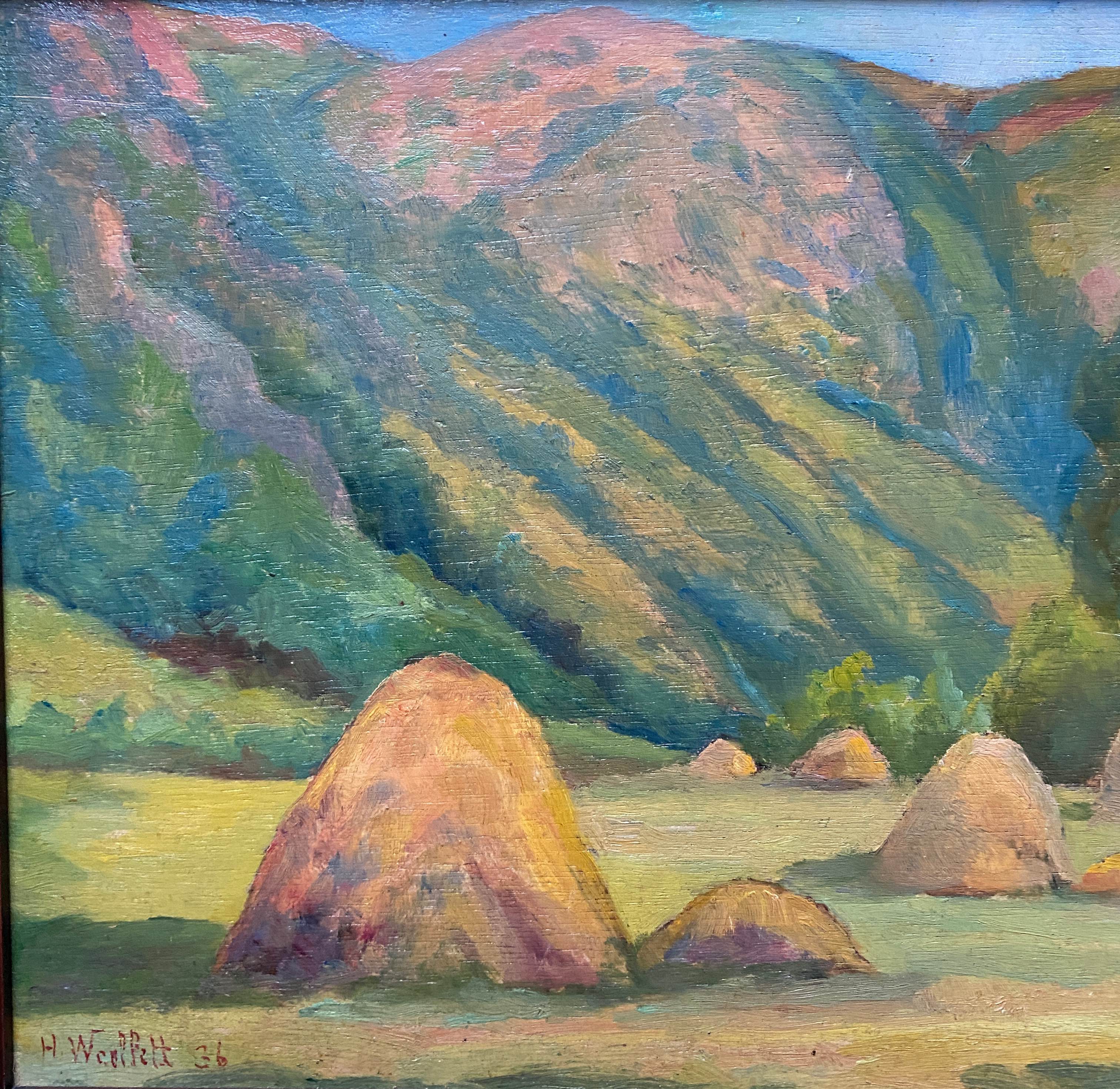 Oil painting on wood panel dated 1936
