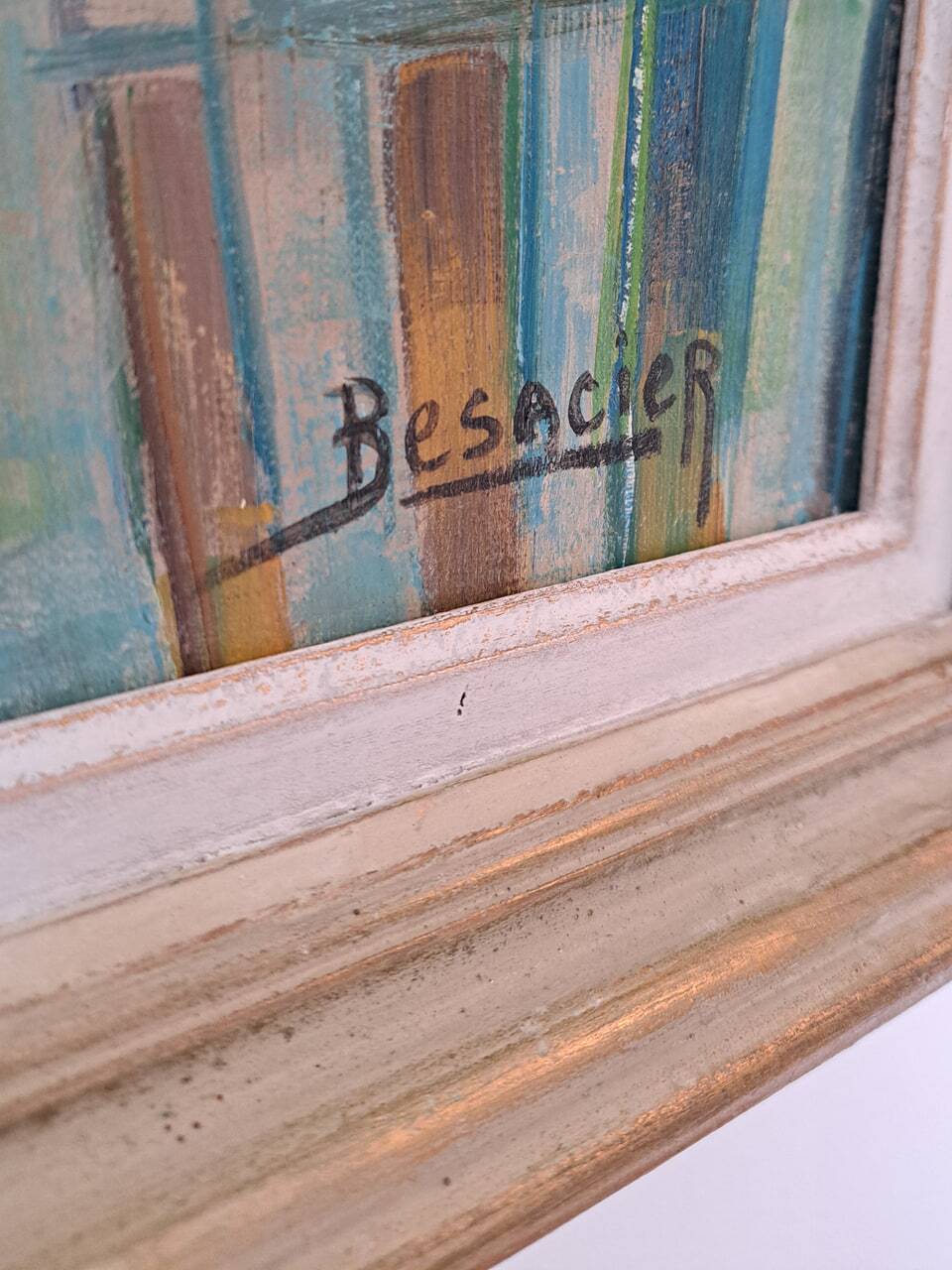Oil painting on canvas signed Besacier — colourful village landscape