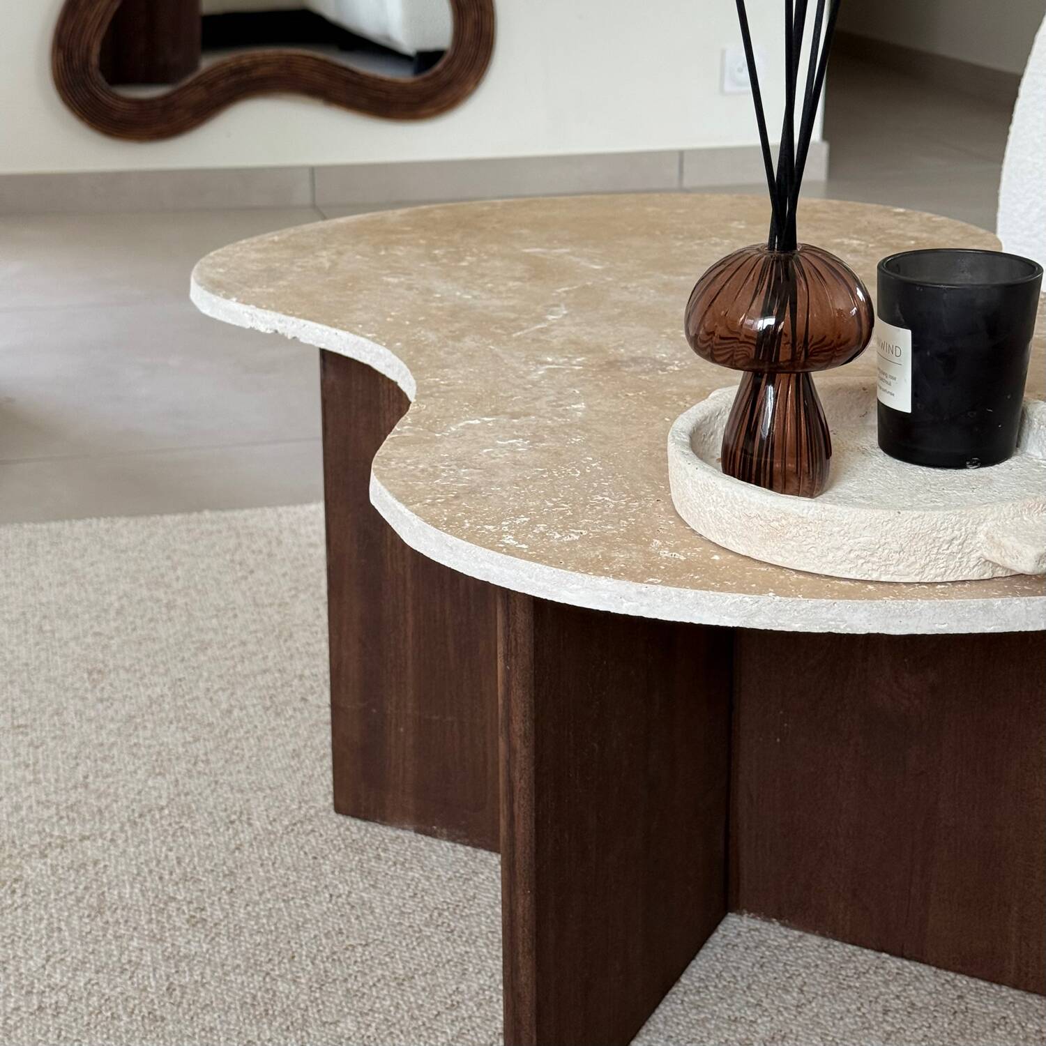 Cloud coffee table in travertine and dark oak.