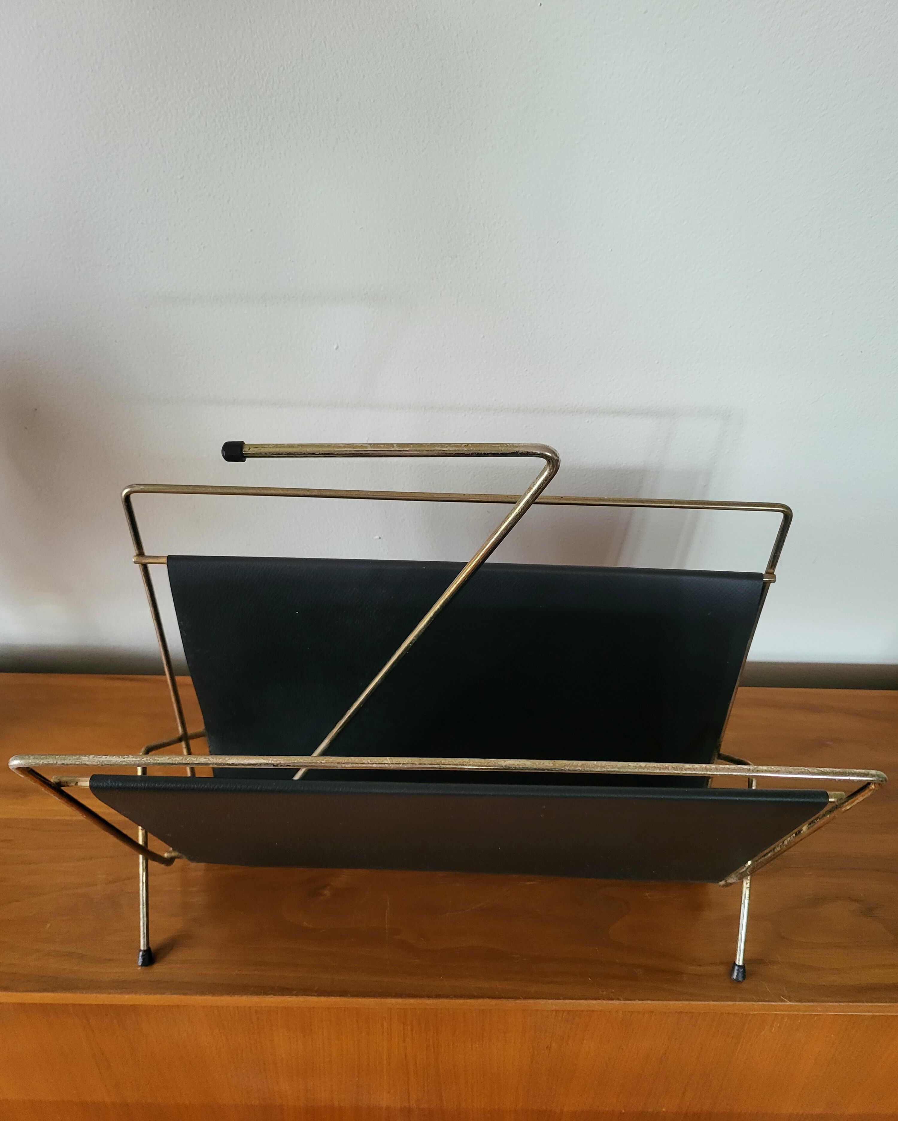 Vintage metal magazine rack in gold and black vinyl Newspaper holder