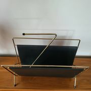 Vintage metal magazine rack in gold and black vinyl Newspaper holder