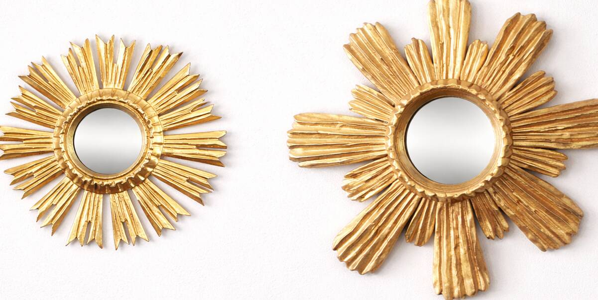 Golden carved wooden sun mirror — 38 cm