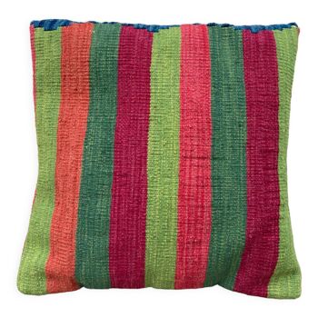 Turkish kilim cushion with stripes green red orange and blue 50x50cm