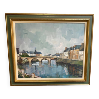 peinture huile signee jp le bras peintre de la marine port breton vue du p